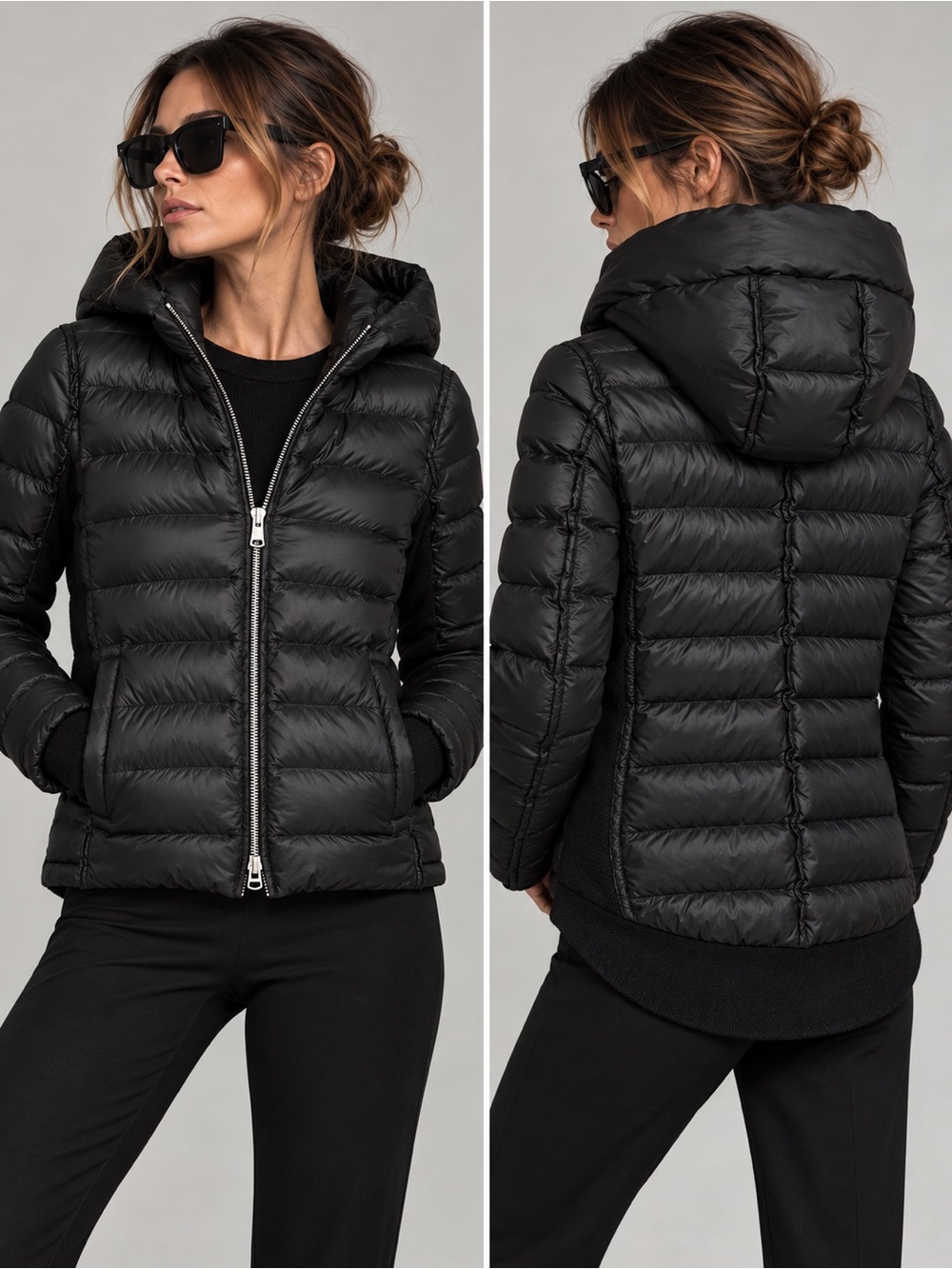 JNBY 90% White Goose Down Wool Mixed Media Puffer Jacket Black S
